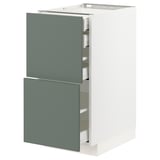 Modern kitchen cabinet in grey-green with two drawers.