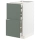 Modern kitchen cabinet in grey-green with two drawers.