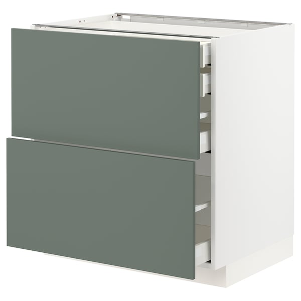 A modern kitchen cabinet with two green drawers and sleek handles, featuring a minimalist and functional design.