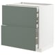 A modern kitchen cabinet with two green drawers and sleek handles, featuring a minimalist and functional design.