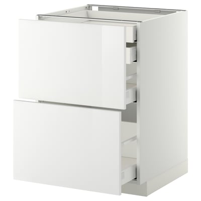 METOD kitchen cabinet, white high gloss, modern design, sleek drawers, chrome handles.