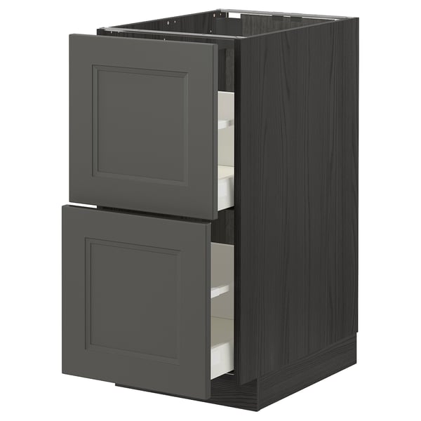METOD kitchen cabinet, dark gray, with two open drawers. Square, modern design, made from fiberboard and particleboard.