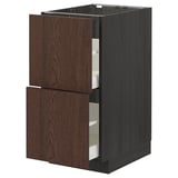 Dark brown ikea METOD cabinet with oak drawers on white background