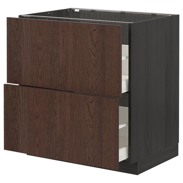 Dark brown wooden kitchen cabinet with two drawers, stylish grain pattern.