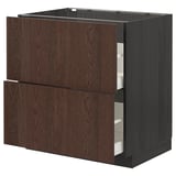 Dark brown wooden kitchen cabinet with two drawers, stylish grain pattern.