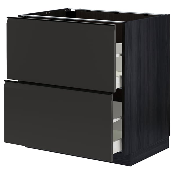 Dark grey modern kitchen cabinet with two smooth drawers, sleek handle-less design.