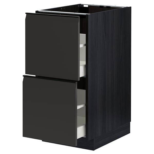 Black modern kitchen unit with two drawers, sleek edges, and minimalist design.