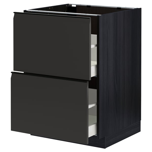 Black METOD kitchen cabinet with two open drawers, sleek matte handles, and modern design.