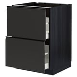 Black METOD kitchen cabinet with two open drawers, sleek matte handles, and modern design.