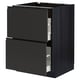 Black METOD kitchen cabinet with two open drawers, sleek matte handles, and modern design.