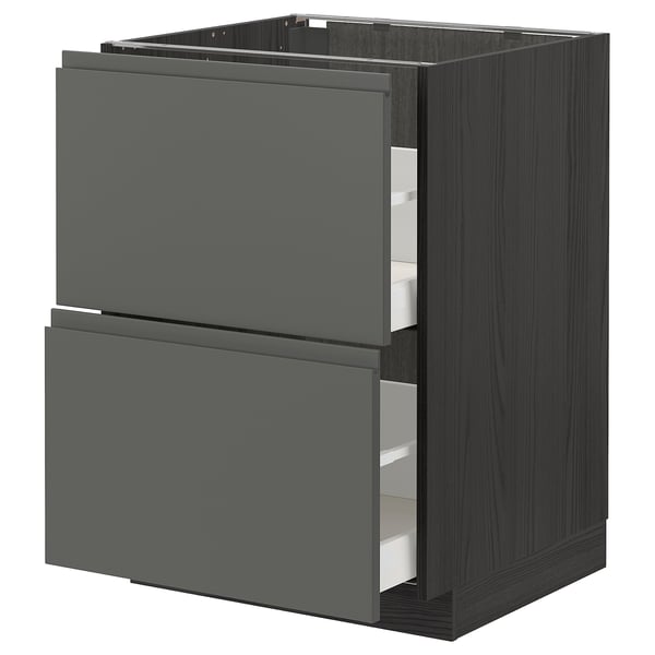 METOD kitchen unit with dark grey drawers and wooden frame.