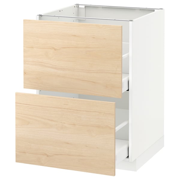 A white ikea METOD kitchen cabinet with two light wood-toned drawers partially opened, showcasing its sleek, modern design.