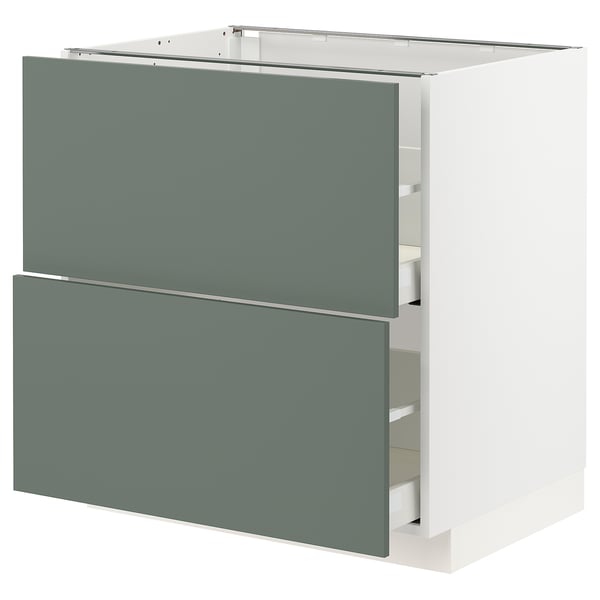 IKEA METOD kitchen unit with gray-green drawers and white frame.