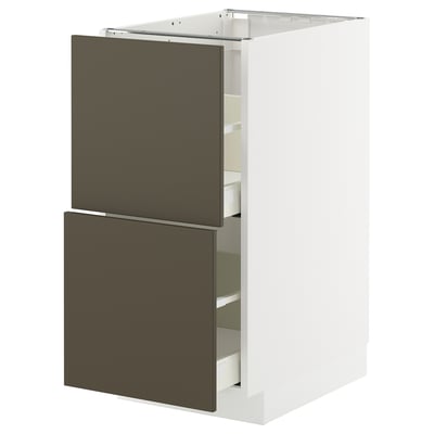 Modern kitchen cabinet, white with 2 dark brown drawers, sleek design.