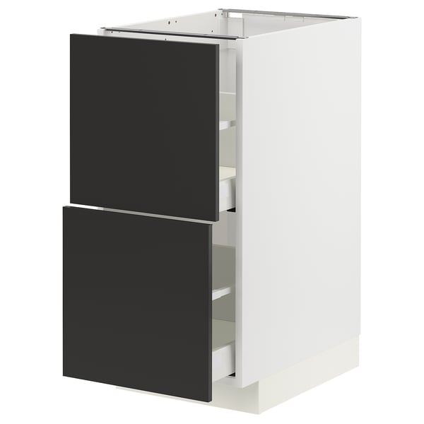 Modern kitchen unit with black drawers in a white cabinet, sleek design.