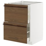 White METOD kitchen cabinet with dark brown drawers and wooden handles.