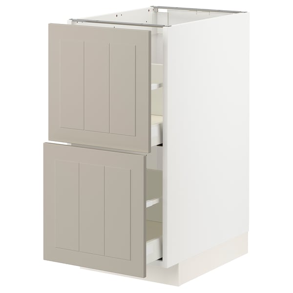METOD kitchen unit in beige with two open drawers, light wood grain texture, rectangular shape, and smooth edges.