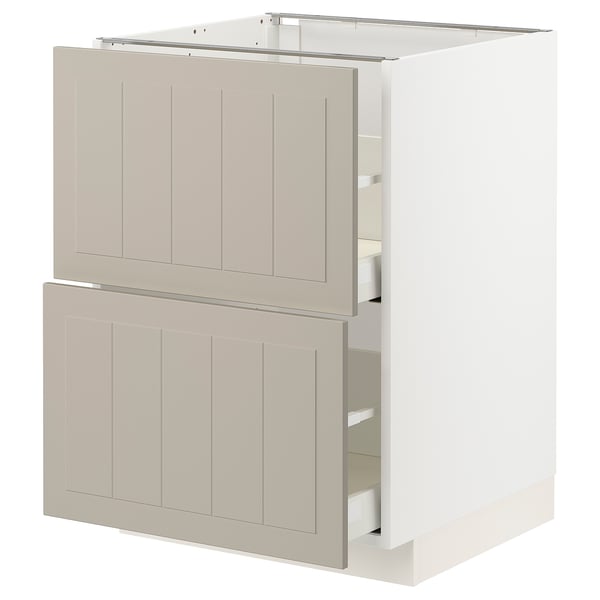 METOD kitchen unit with beige stensund fronts, rectangular shape, wooden panels, two deep drawers and a cabinet.