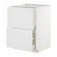 A white METOD kitchen cabinet with two drawers and one door open. The cabinet is modern and white with a rectangular shape.
