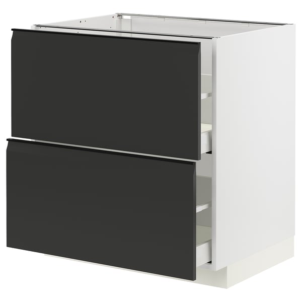 Modern black METOD kitchen cabinet with two drawers, sleek matte finish, and handle-less design.