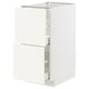 Option: White METOD kitchen cabinet with vallstena fronts, featuring three shelves and smooth-closing drawers.
