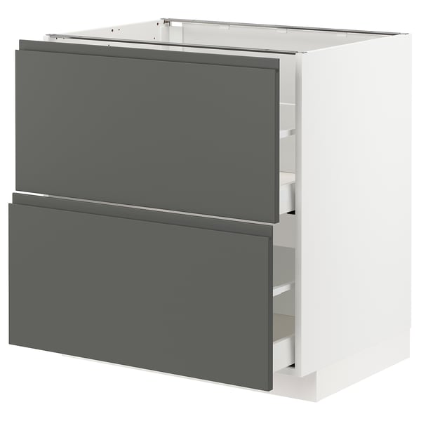 A modern grey and white kitchen cabinet with two drawers and a door.