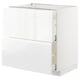 White METOD kitchen cabinet with smooth, high-gloss finish and three drawers.
