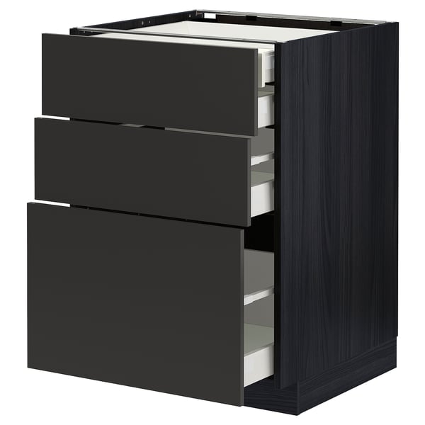 Modern black kitchen cabinet, METOD series, with three open drawers, dark gray finish, modern design.