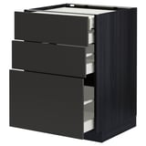 Modern black kitchen cabinet, METOD series, with three open drawers, dark gray finish, modern design.