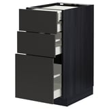 METOD kitchen unit in black with three open drawers, modern design, dark wood grain pattern.