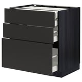 Modern kitchen cabinet, black METOD with three large drawers, sleek design.