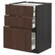 Modern dark brown wooden kitchen unit with three open drawers, sleek design, sturdy build.