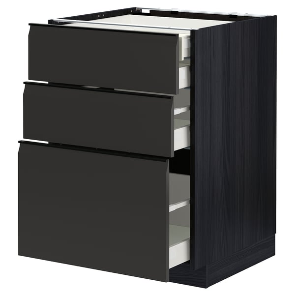 Modern black kitchen cabinet with three open drawers featuring a sleek, minimalist design.