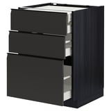 Modern black kitchen cabinet with three open drawers featuring a sleek, minimalist design.