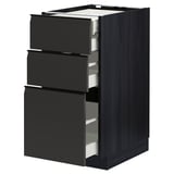 Modern black METOD kitchen cabinet with three open drawers, sleek design, sturdy particleboard and steel.