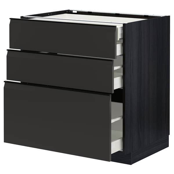 Black modern kitchen unit with three drawers, sleek handles, sturdy wood, self-closing drawers.
