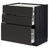 Black modern kitchen unit with three drawers, sleek handles, sturdy wood, self-closing drawers.