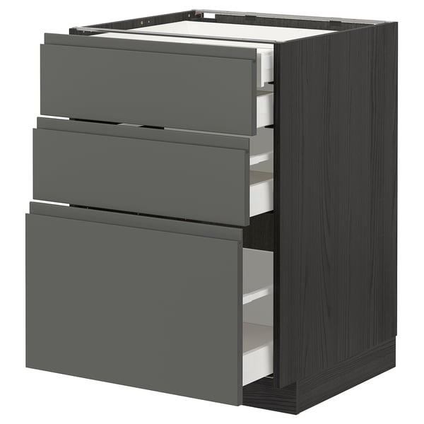 Dark grey kitchen unit with 3 drawers, wood grain.