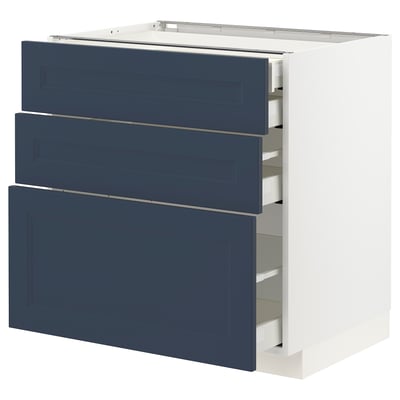 METOD kitchen cabinet with 3 blue drawers, sleek and modern design, durable fiberboard and steel.