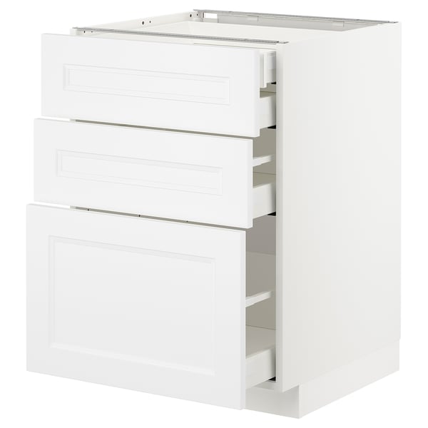 A white METOD kitchen cabinet with three drawers, featuring a modern and sleek design.