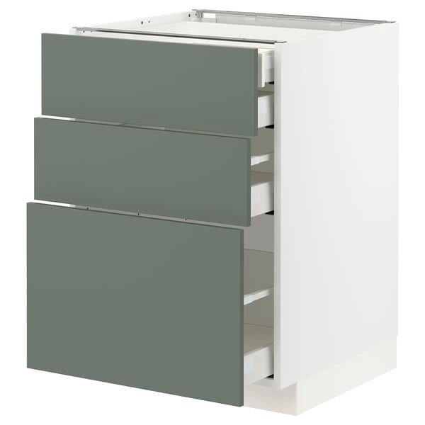 Depicts a white METOD kitchen cabinet with gray-green drawers. It three pull-out drawers with a sleek, modern design.