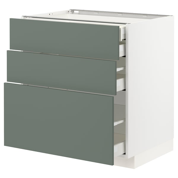 Modern kitchen unit with 3 gray-green sliding drawers, sleek design, and smooth surfaces.