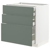 Modern kitchen unit with 3 gray-green sliding drawers, sleek design, and smooth surfaces.