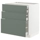 Modern kitchen unit with 3 gray-green sliding drawers, sleek design, and smooth surfaces.