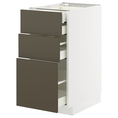 Modern white METOD cabinet with brown drawers, sleek design, sturdy build.