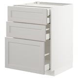 An ikea METOD kitchen cabinet in light grey with three drawers. It has a sleek, modern design with a sturdy construction.