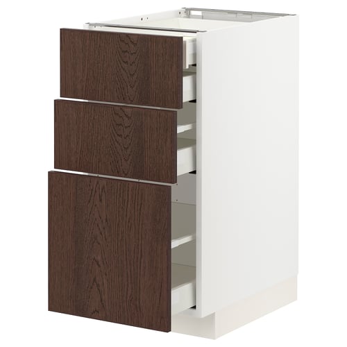 White METOD kitchen cabinet with 3 dark brown wood drawers.