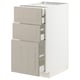 Modern white-beige kitchen cabinet with pull-out drawers, beadboard design.