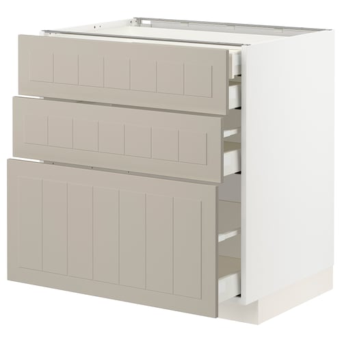Modern kitchen cabinet: METOD in beige, rectangular shape, three drawers.