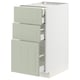 A METOD kitchen unit with green stensund fronts, featuring three drawers, a modern design, and a white base.